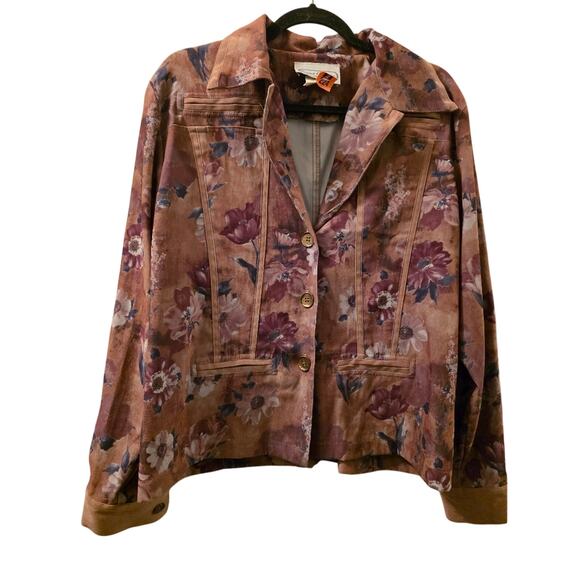 Vtg Velvet Floral Button Front Blazer Jacket Faux Suede Brown/Green Womens L USA - Picture 1 of 9